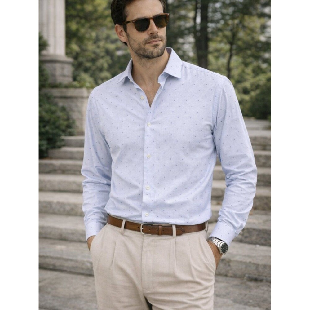 Ermenegildo Zegna 43/17 Men's Large L Light Blue Micro Dot Stripe Dress Shirt